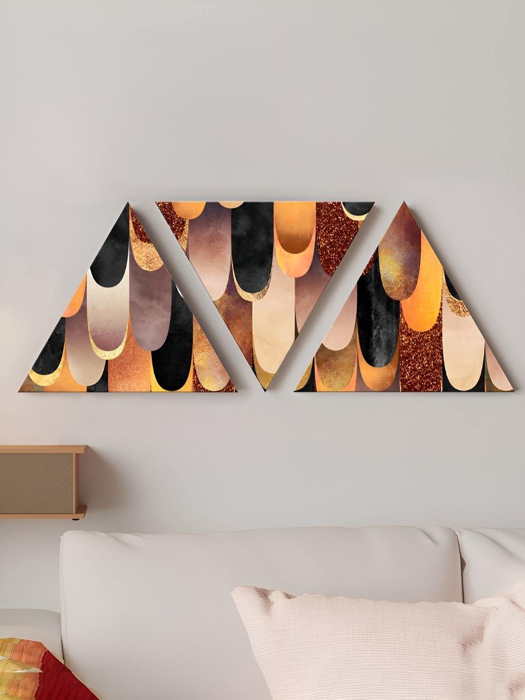 

Art Street Gold-Toned & Black 3 Pieces Triangle Stretched Canvas Abstract Wall Paintings