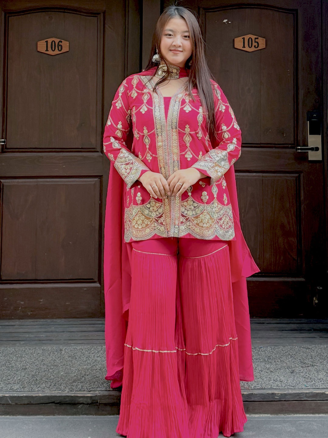 

Libas Art Floral Embroidered Notch Neck Zari Straight Kurti With Sharara And Dupatta, Pink