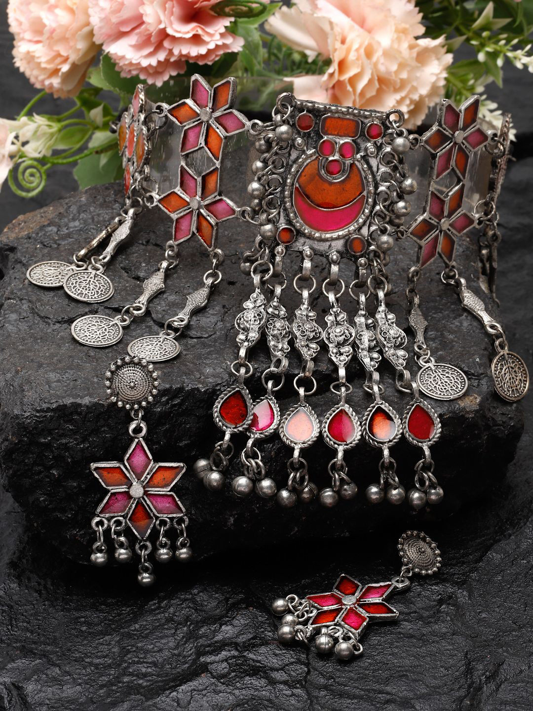 

Moedbuille Silver-Plated Stone-Studded Tasselled Afghan Design Meenakari Jewellery Set