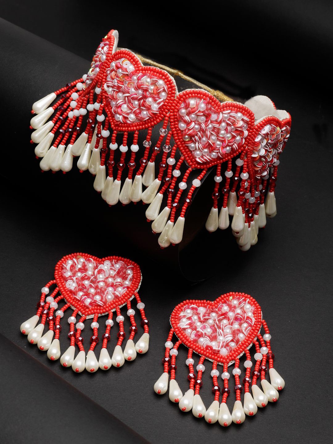 

Moedbuille Sequinned Pearls Beaded Heart Shaped Contemporary Jewellery Set, Red