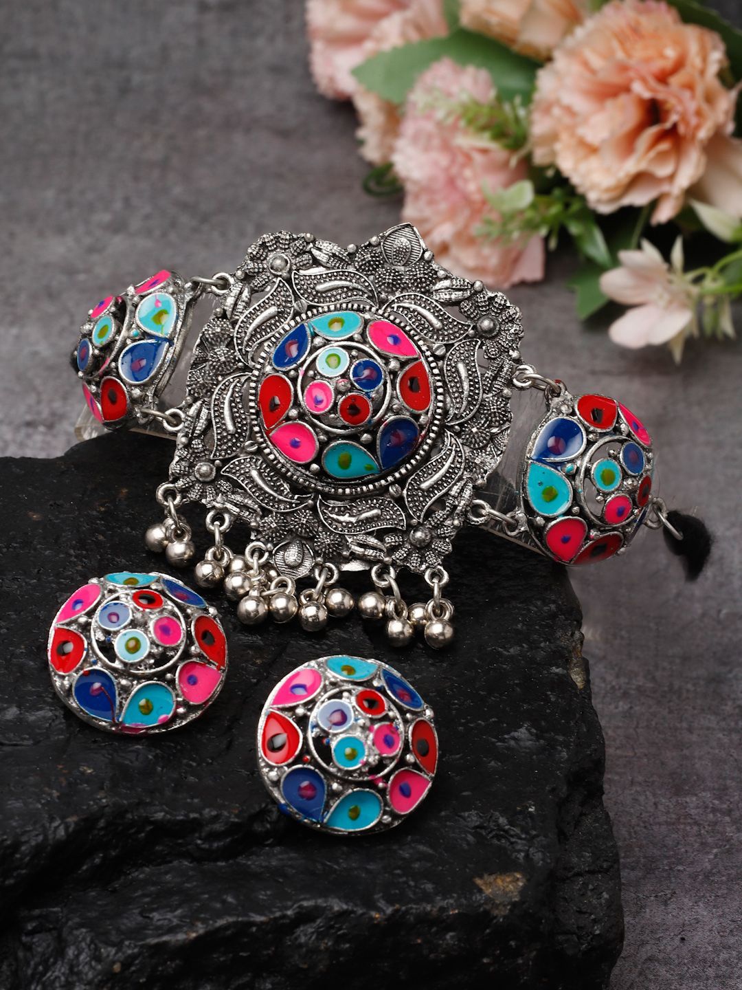 

Moedbuille Silver Plated Stones-Studded Meenakari Antique Tribal Oxidised Jewellery Set