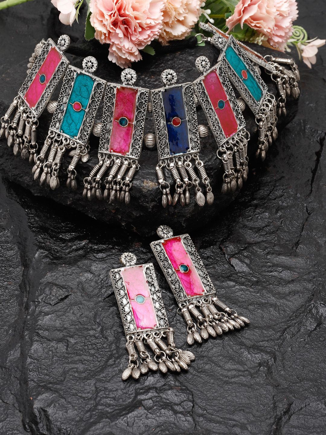 

Moedbuille Silver-Plated Stone-Studded Meenakari Work Tasselled Design Jewellery Set