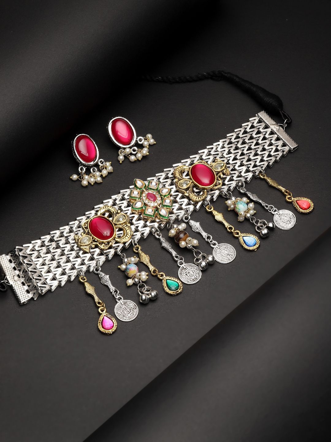 

Moedbuille Silver-Plated Kundan & Beaded Tribal Tasselled Design Jewellery Set