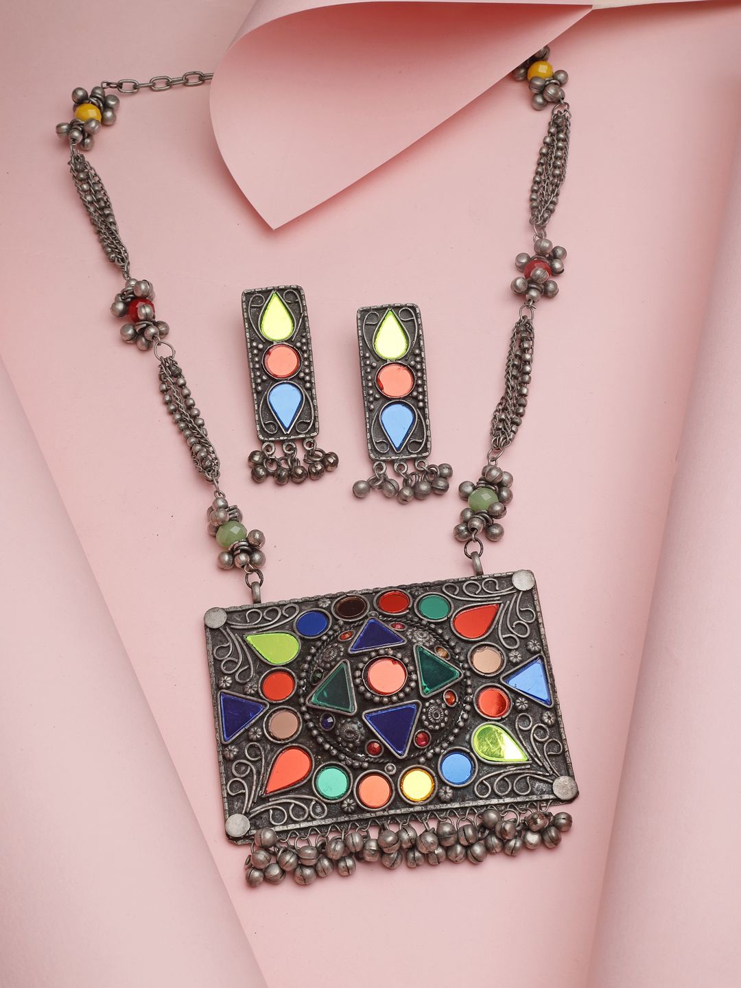 

Moedbuille Sliver-Plated Mirrors Stone-Studded Afghan Antique Oxidised Jewellery Set, Silver