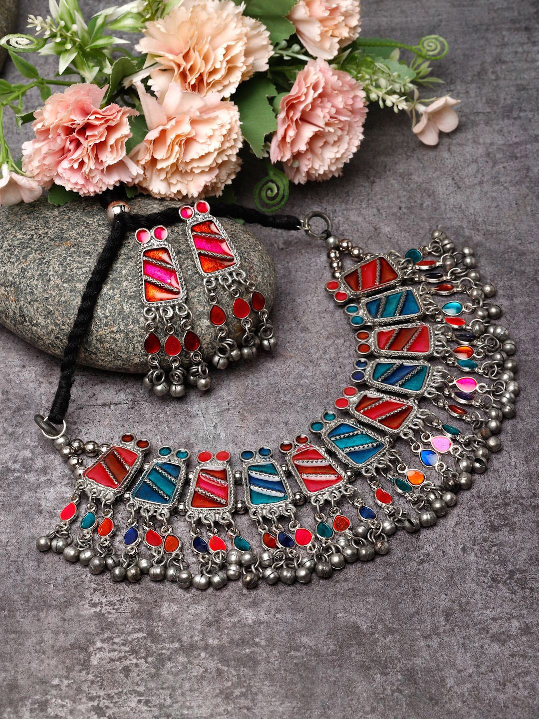 

Moedbuille Sliver-Plated Stone-Studded Meenakari Tasselled Design Tribal Jewellery Set, Silver