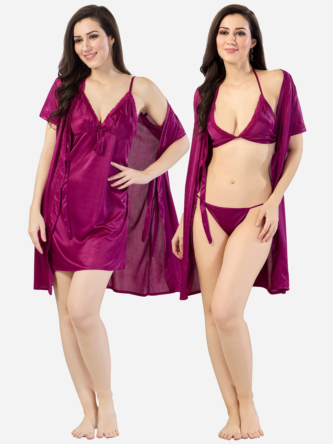 

Romaisa Women Knee Length Nighty, Wrap Gown, Bra and Thong, Magenta