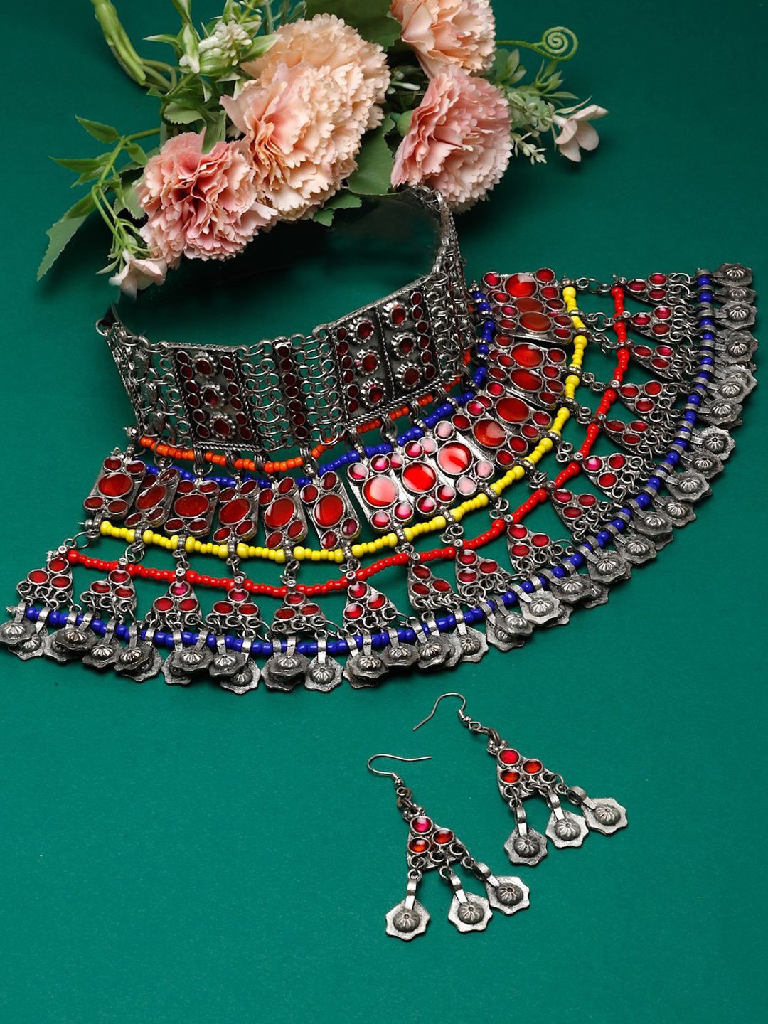 

Moedbuille Sliver-Plated Stone-Studded Meenakari Afghan Tribal Design Jewellery Set, Silver