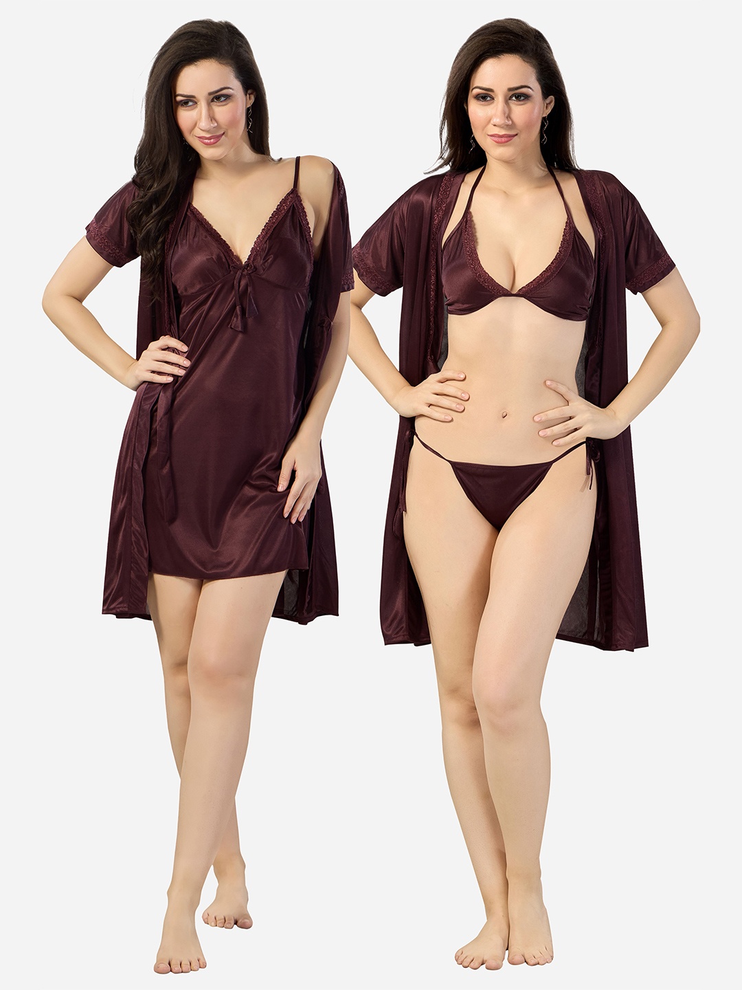 

Romaisa Women Pack of 4 Sweat Nightdress With Lingerie Set, Brown