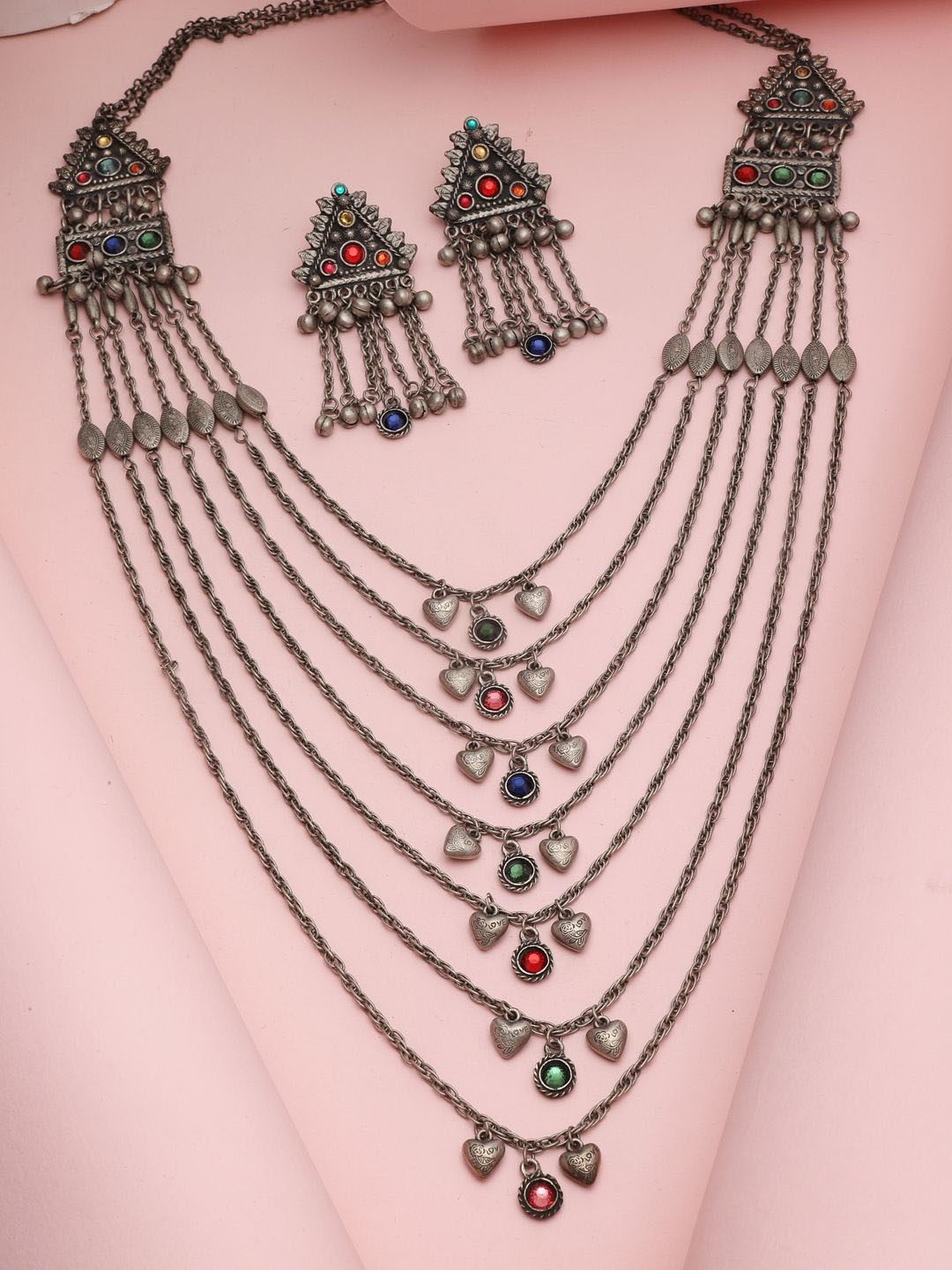 

Moedbuille Silver-Plated Crystals Studded Layered Tasselled Design Oxidised Jewellery Set