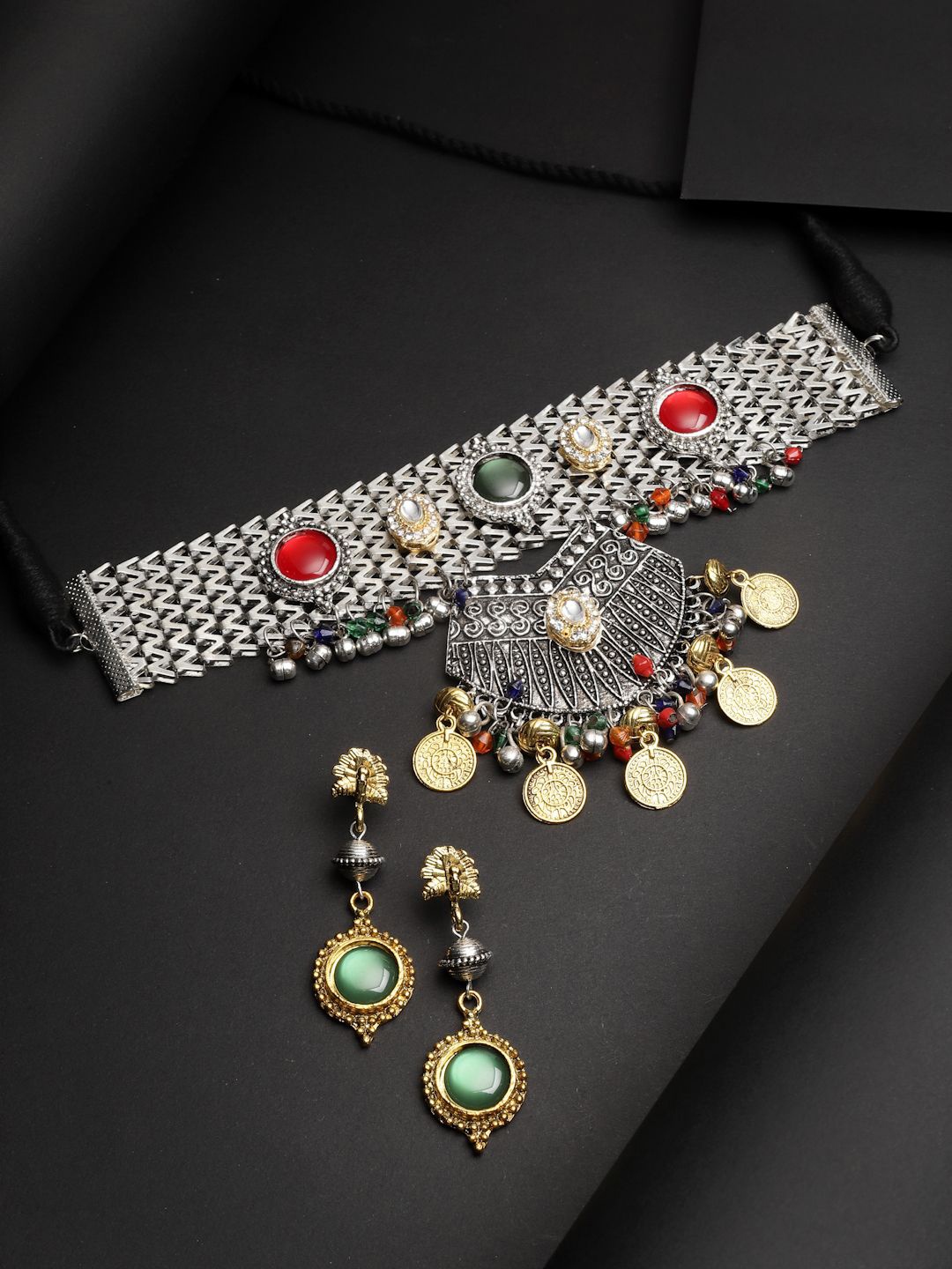

Moedbuille Silver Plated Kundan Stones Studded Tribal Tasselled Design Jewellery Set