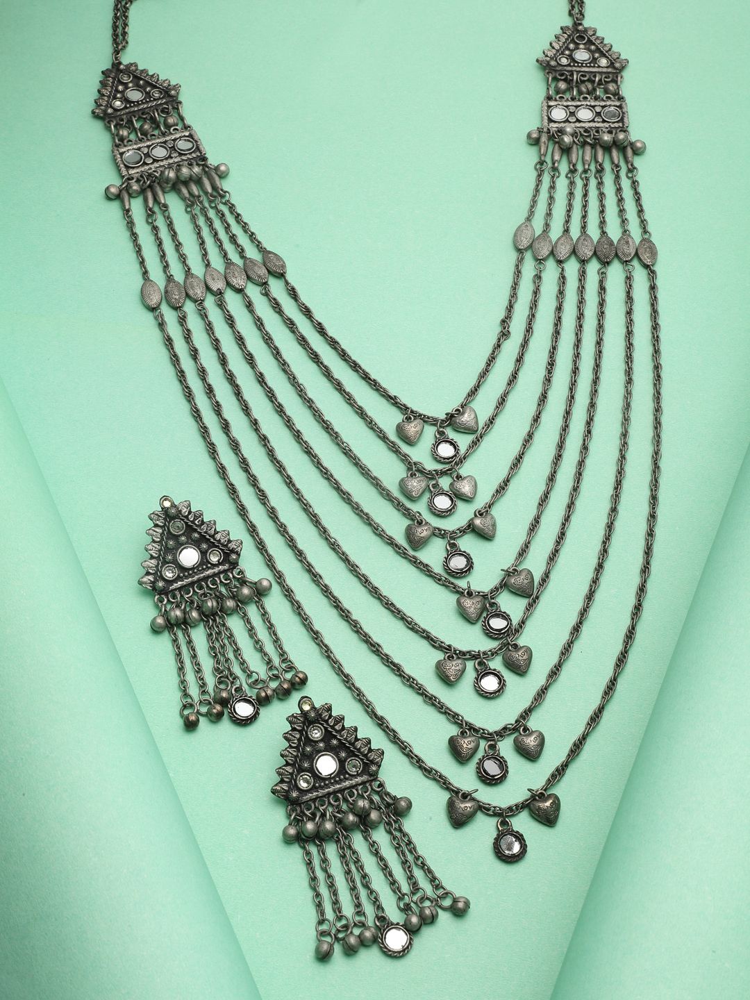 

Moedbuille Silver-Plated Crystals Mirrors Layered Tasselled Design Oxidised Jewellery Set