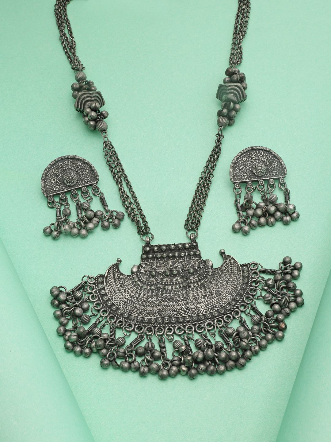 

Moedbuille Silver-Plated Tribal Tasselled Design Oxidised Antique Jewellery Set