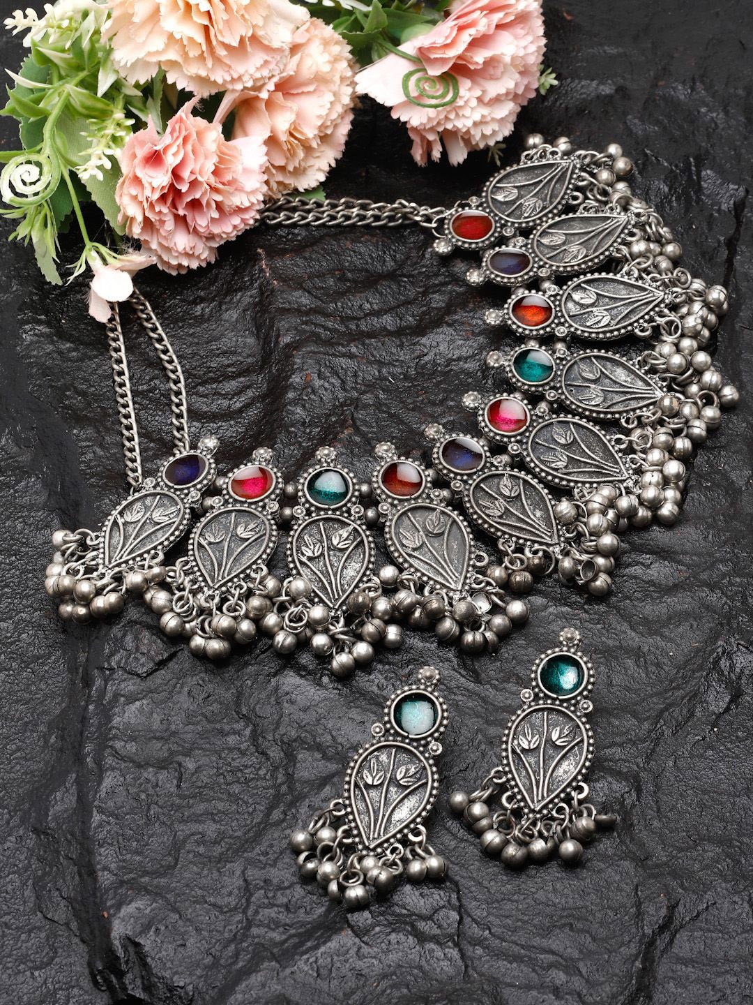 

Moedbuille Silver-Plated Stone-Studded Meenakari Work Antique Oxidised Jewellery Set