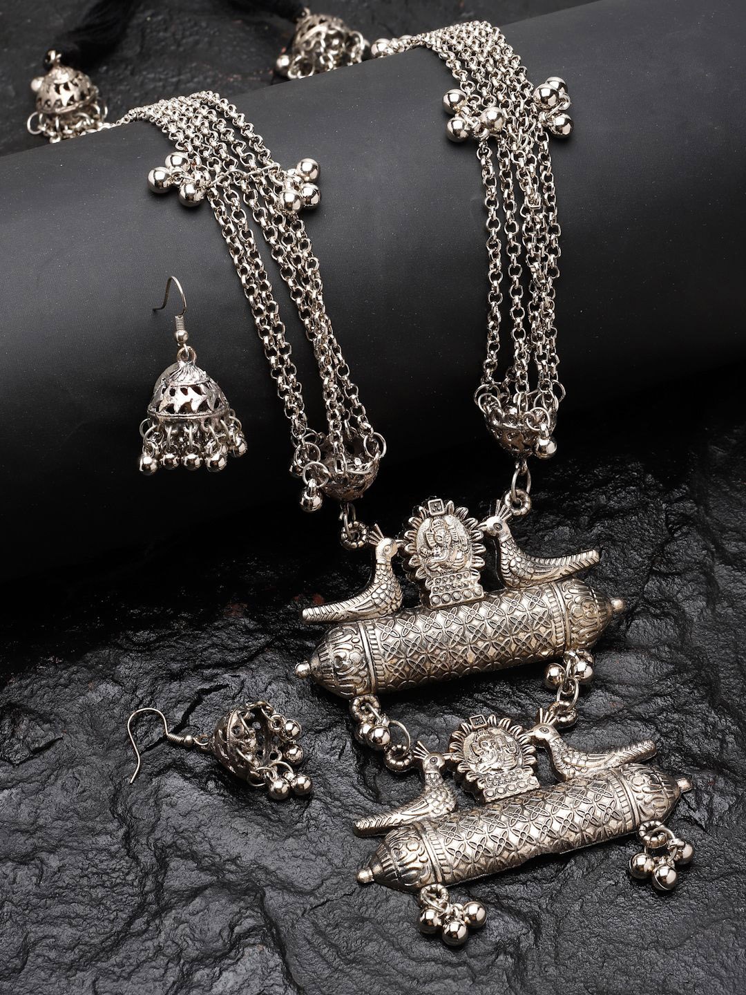 

Moedbuille Silver-Plated Tasselled Temple Design Oxidised Layered Jewellery Set