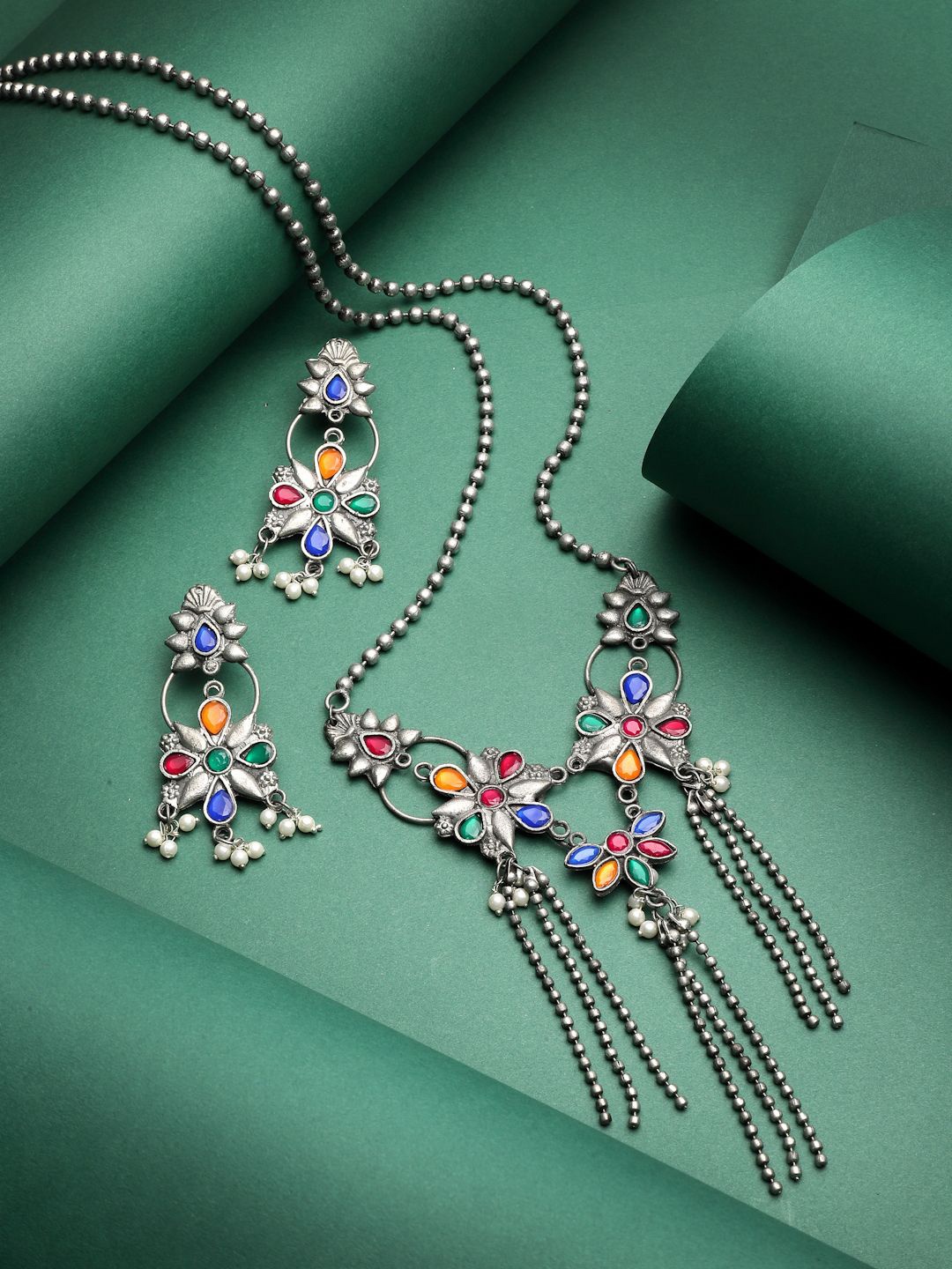 

Moedbuille Silver-Plated Crystals & Beaded Tasselled Design Oxidised Afghan Jewellery Set