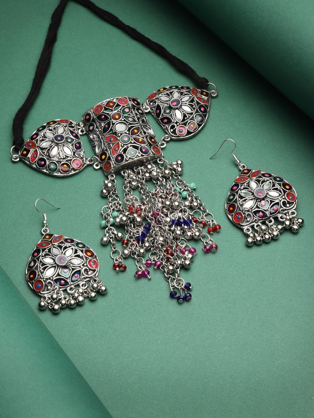 

Moedbuille Silver-Plated Meenakari Stone-Studded & Beaded Tasselled Oxidised Jewellery Set