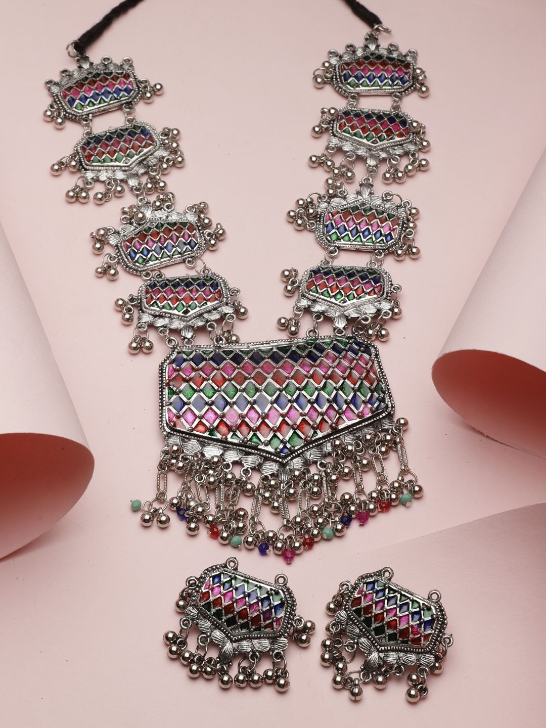 

Moedbuille Silver-Plated Meenakari Stone-Studded & Beaded Tasselled Oxidised Jewellery Set