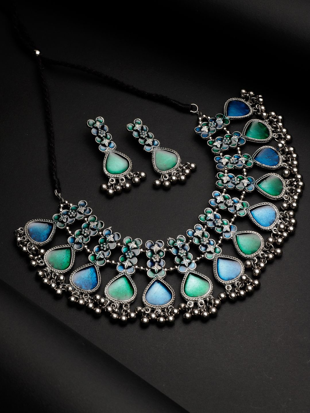 

Moedbuille Silver-Plated Oxidised Stone-Studded Meenakari Jewellery Set