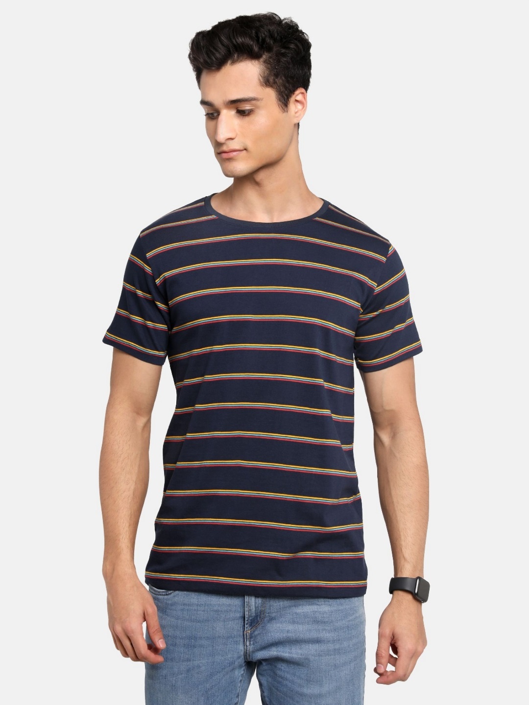 

ADRO Men Striped Round Neck Cotton T-shirt, Navy blue