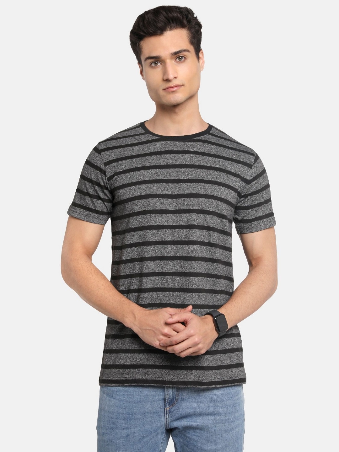 

ADRO Men Striped Round Neck Cotton T-shirt, Grey