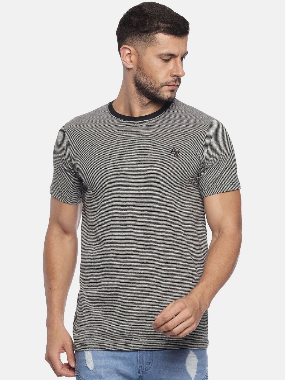 

ADRO Men Striped Round Neck Cotton T-shirt, Grey