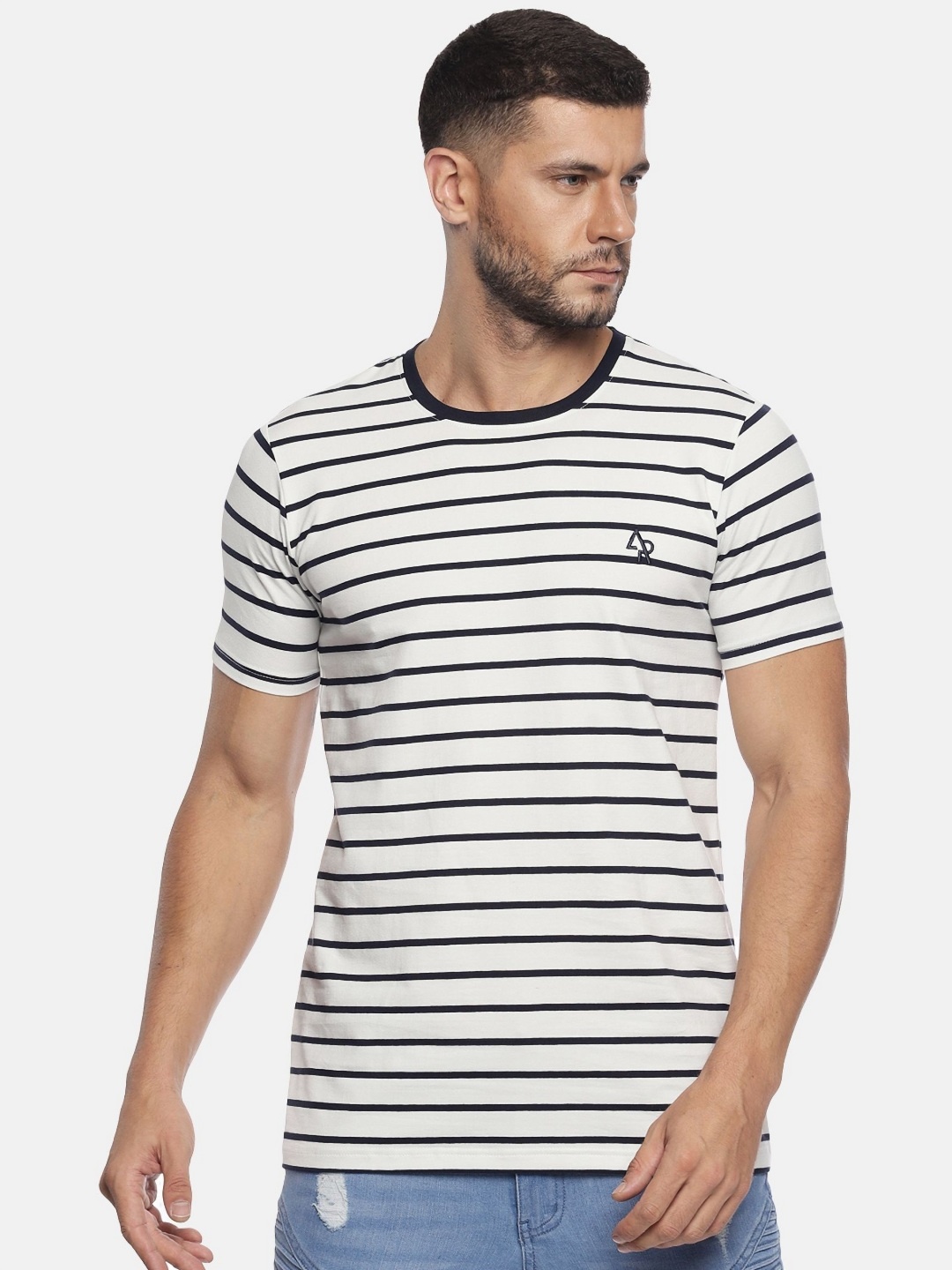 

ADRO Men Striped Round Neck Cotton T-shirt, White