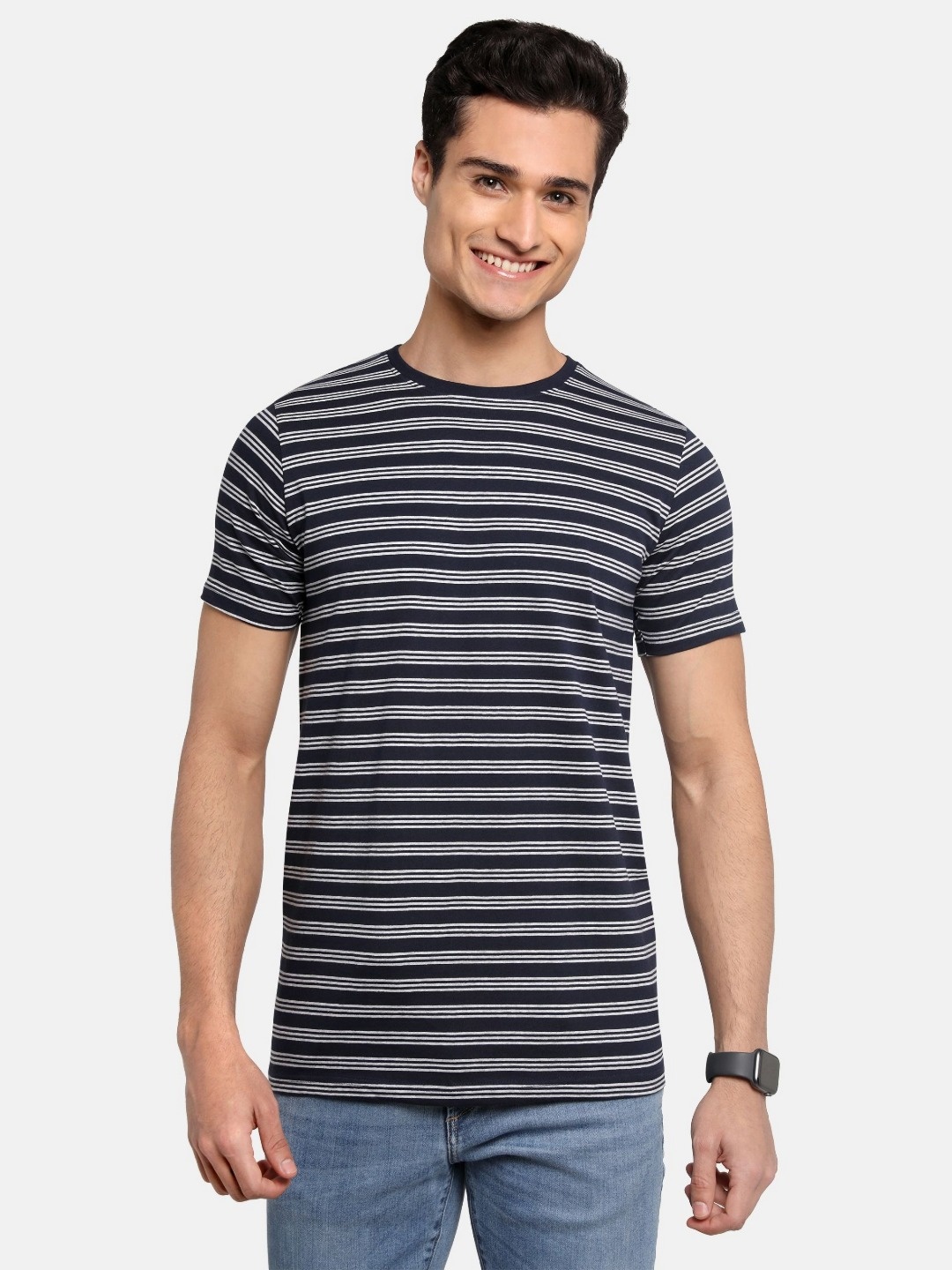 

ADRO Men Striped Round Neck Cotton T-shirt, Navy blue