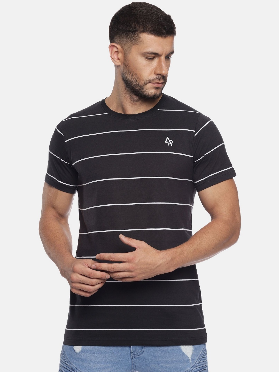 

ADRO Men Striped Round Neck Cotton T-shirt, Black