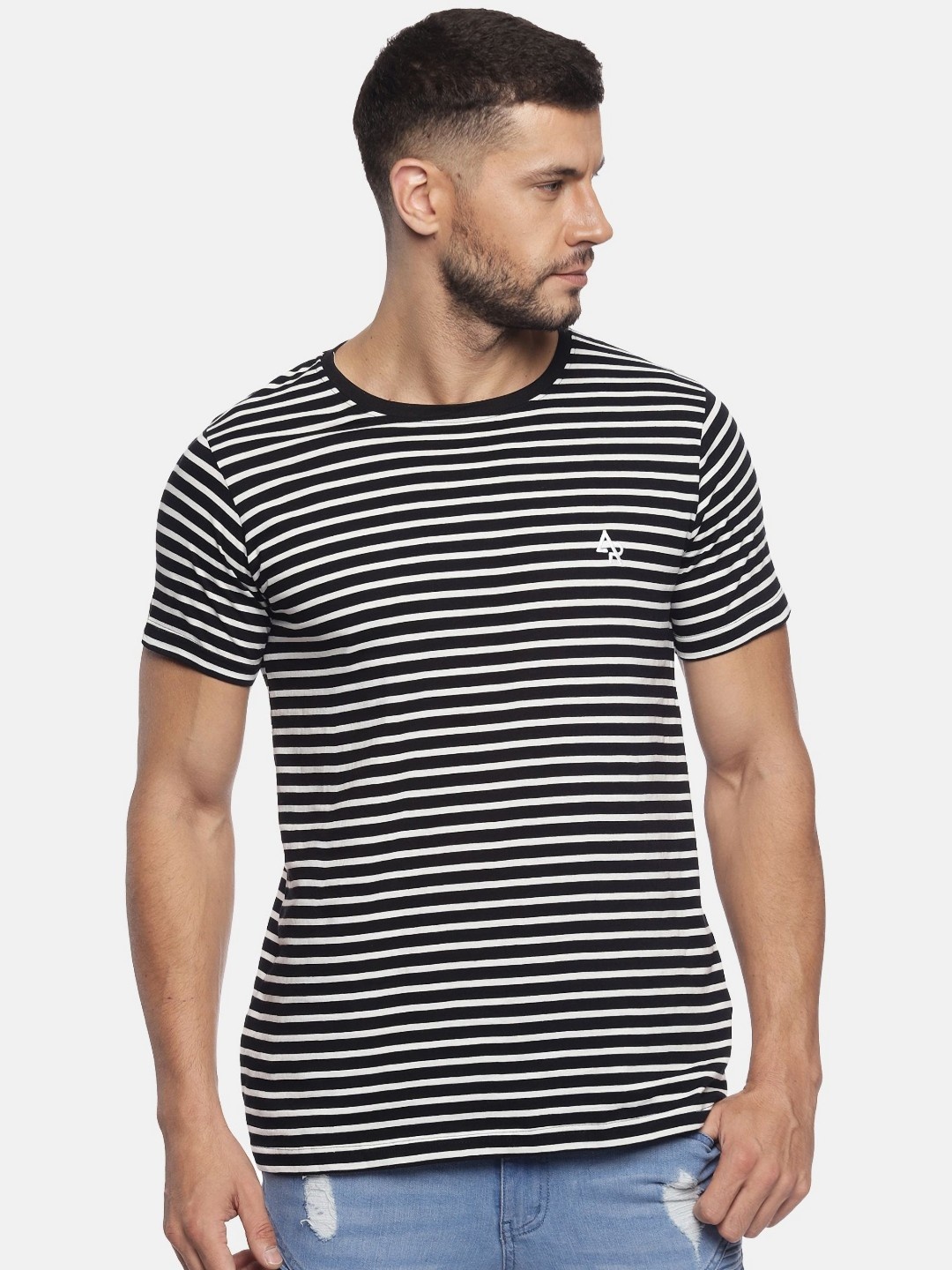 

ADRO Men Striped Round Neck Cotton T-shirt, Black