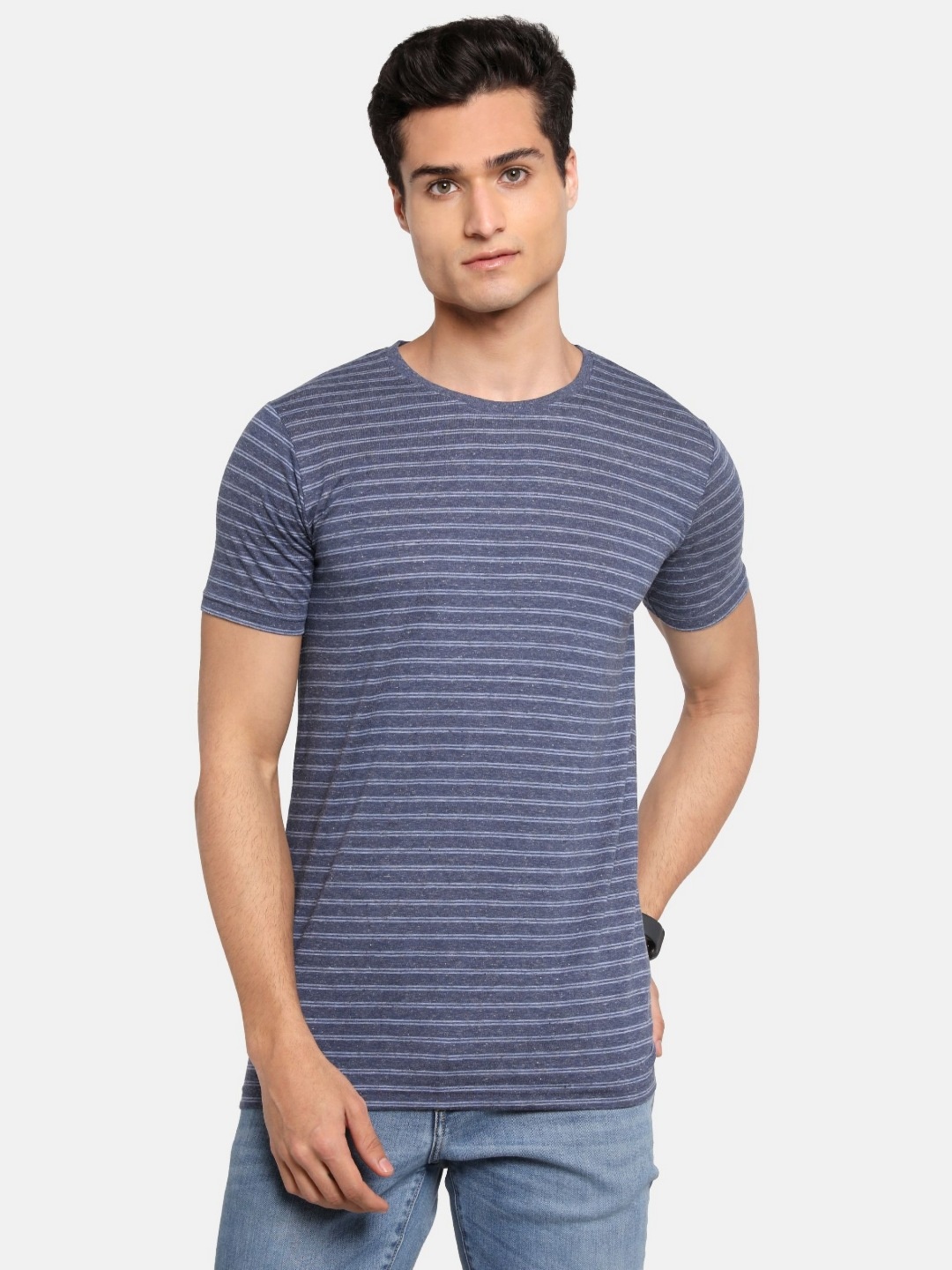 

ADRO Men Striped Round Neck Cotton T-shirt, Navy blue