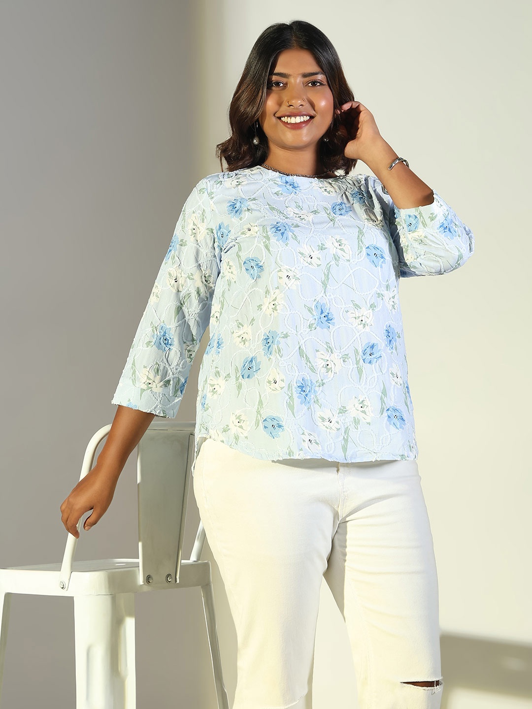

SHOWOFF Women Plus Size Floral Printed Crepe Top, Blue