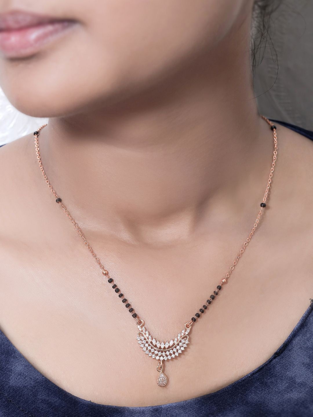 

SOLIBELLE Stunning 18KT Rose Gold-Plated American Diamond Studded & Beaded Mangalsutra
