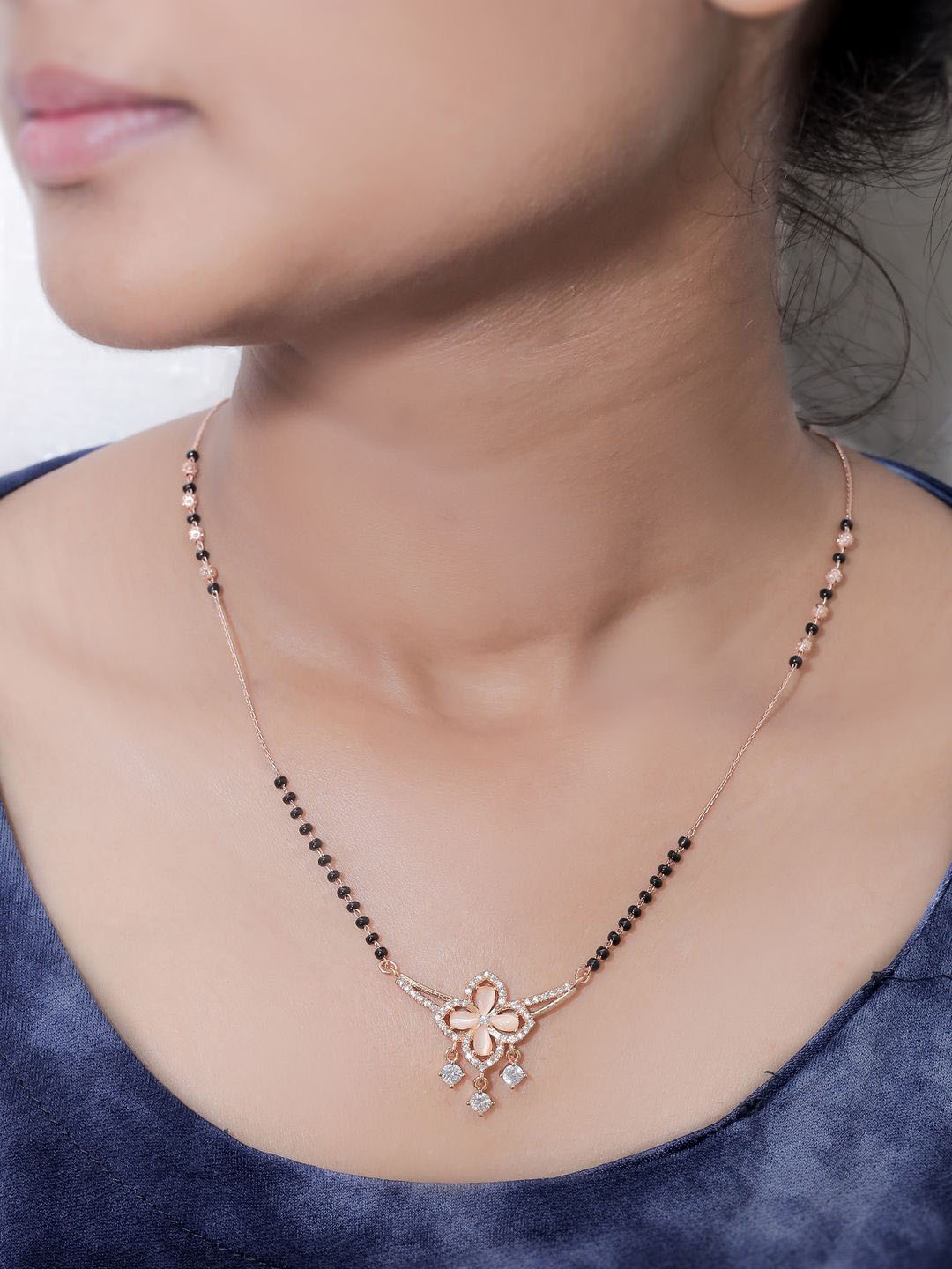

SOLIBELLE 18KT Rose Gold-Plated American Diamond Studded & Beaded Mangalsutra