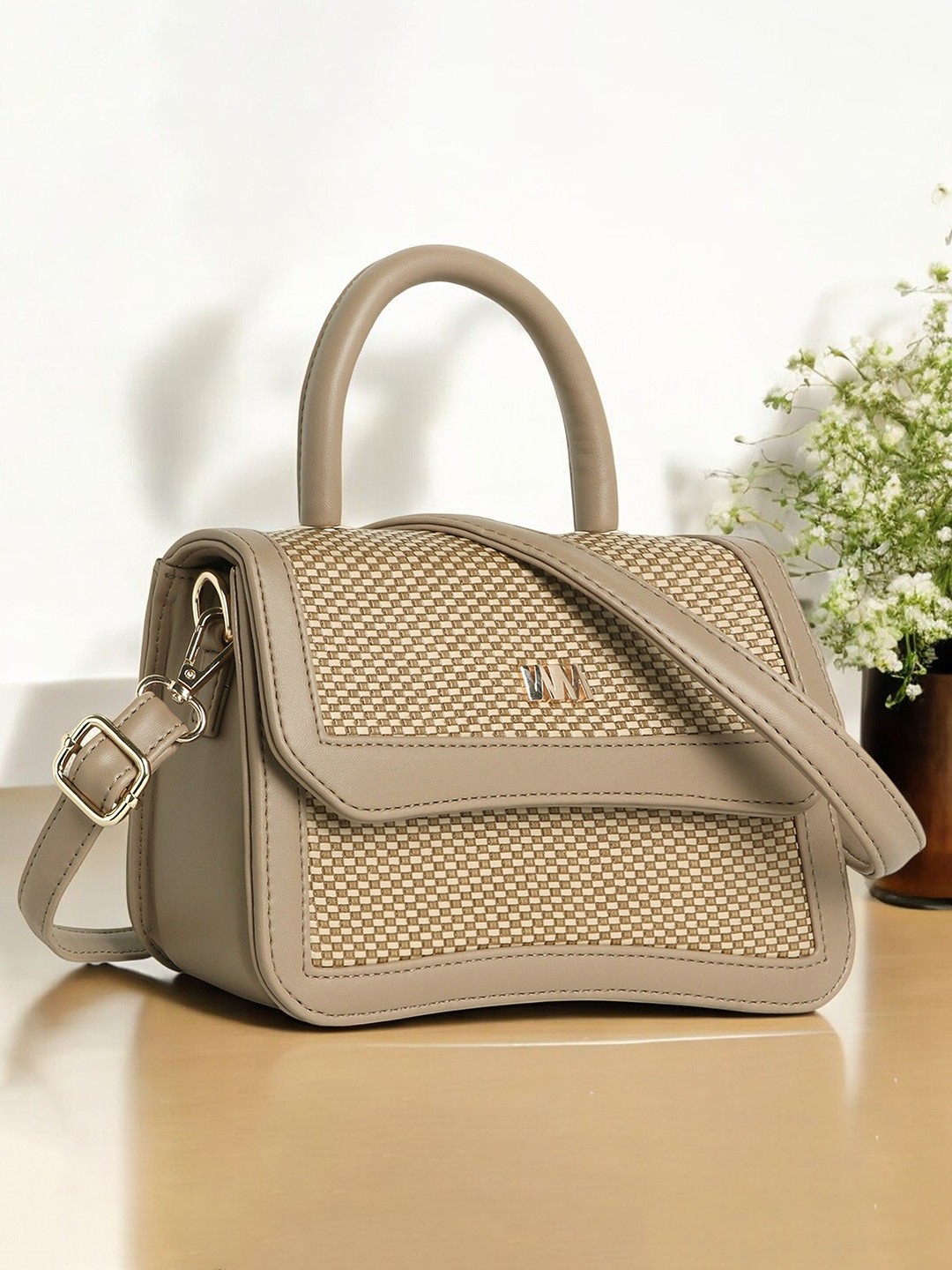 

WOMEN MARKS Women Textured Satchel Bag, Beige
