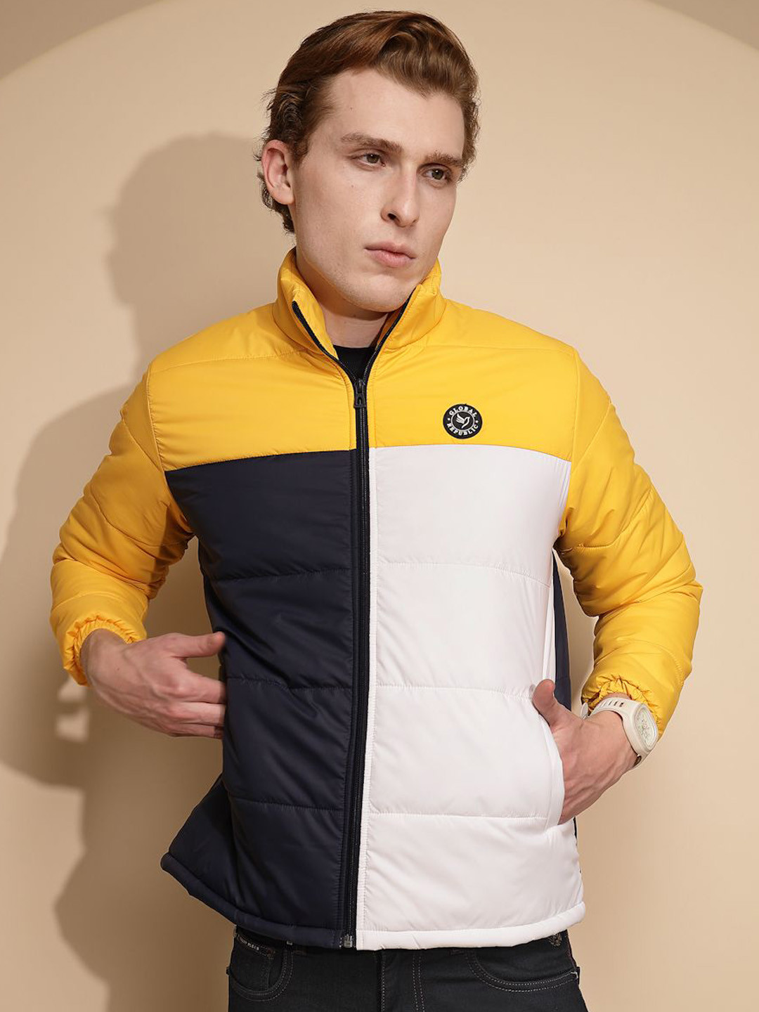 

Global Republic Men Colourblocked Lightweight Bomber Jacket, Yellow