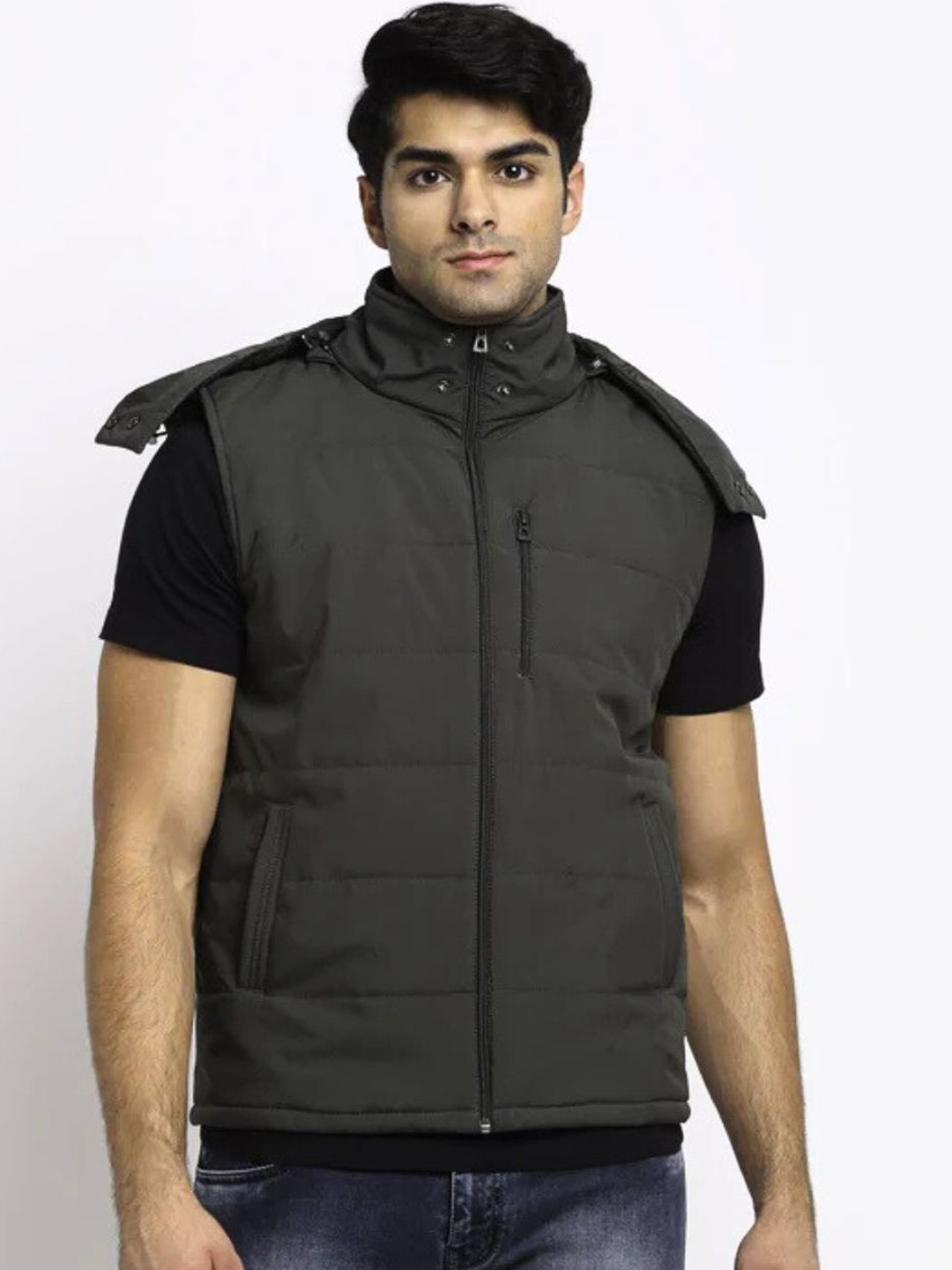 

Global Republic Men Solid Hooded Lightweight Bomber Jacket, Grey