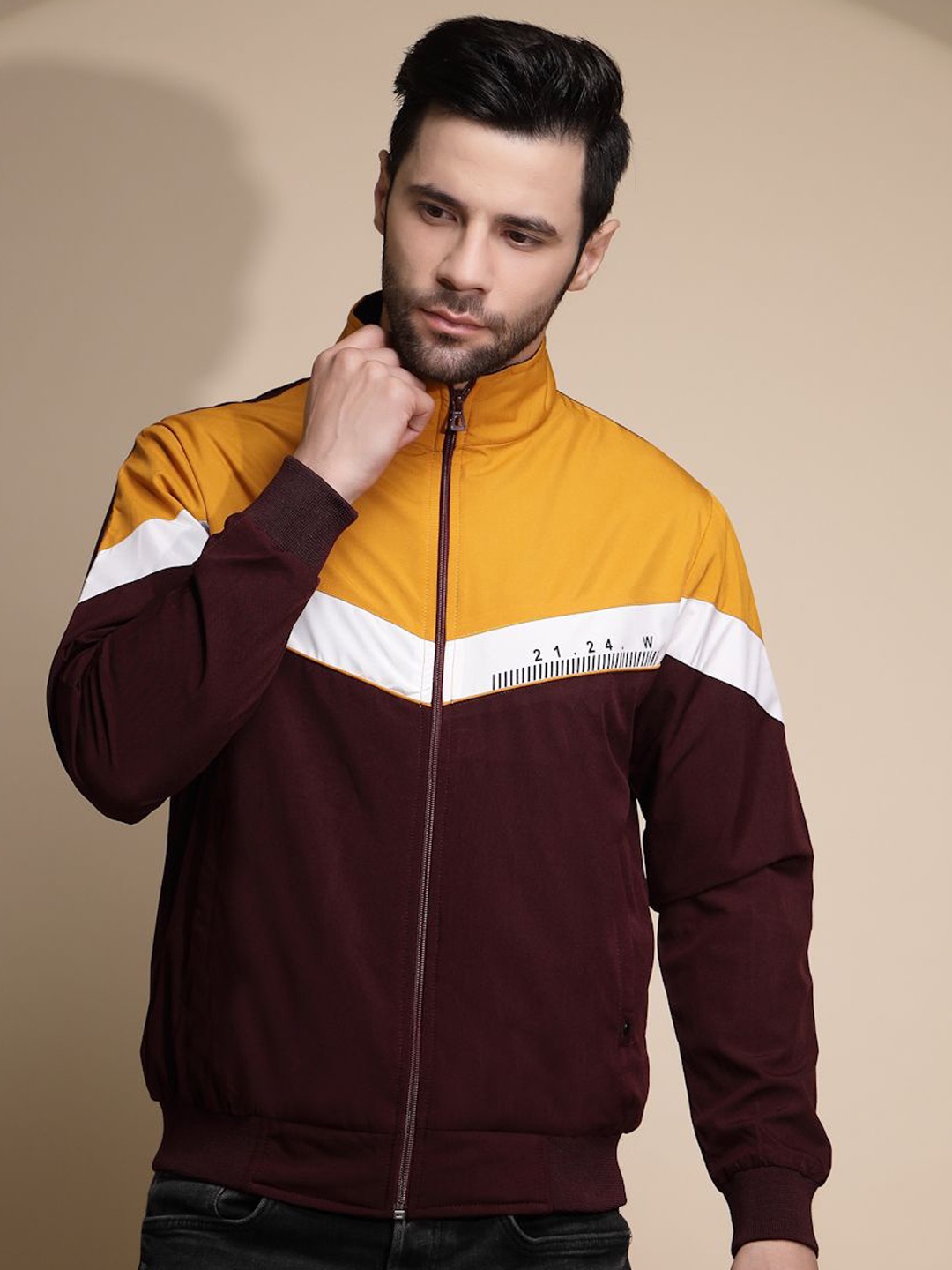 

Global Republic Men Colourblocked Lightweight Bomber Jacket, Mustard