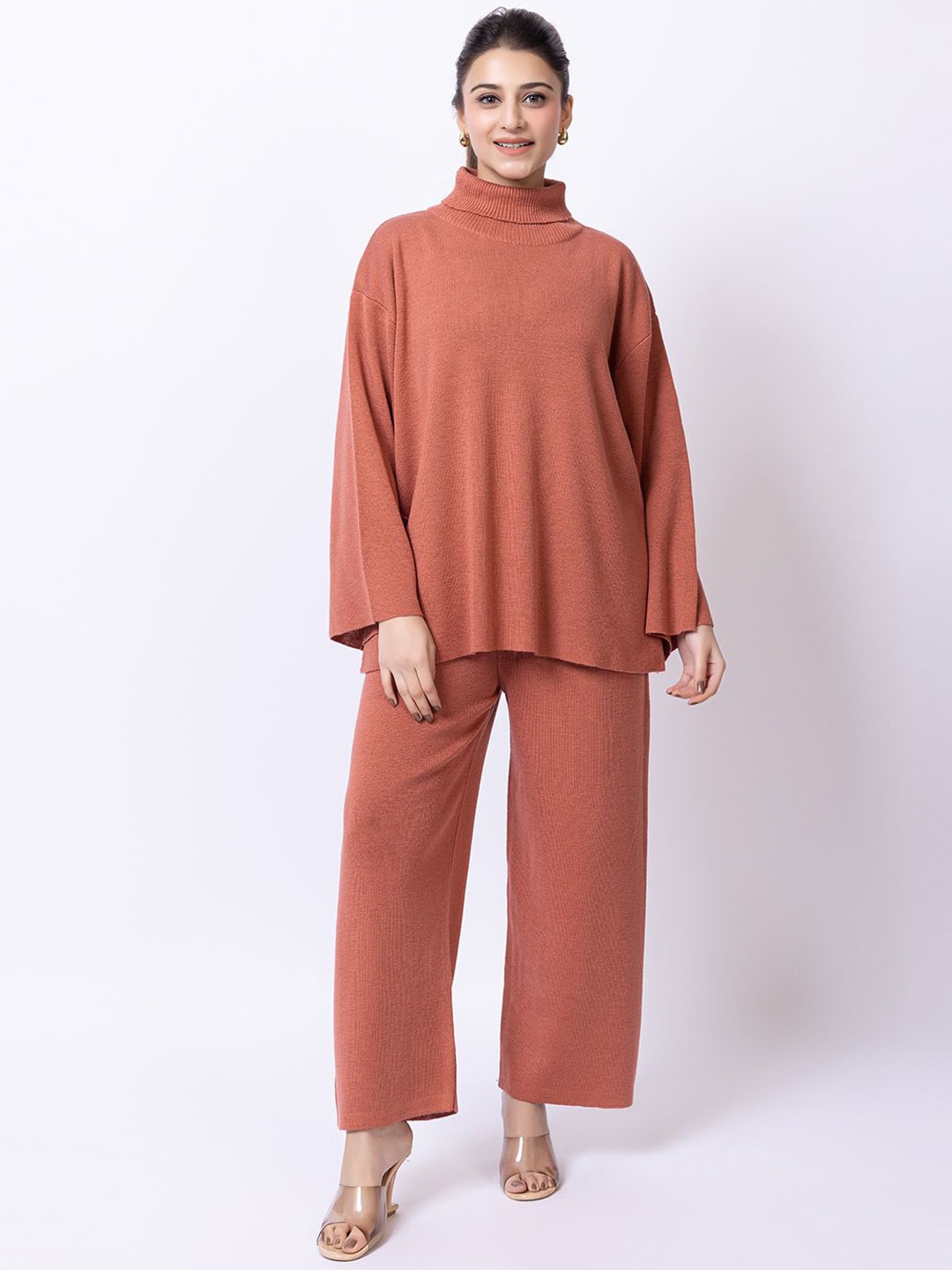

Club York High Neck Flared Sleeves Sweater & Trouser, Rust