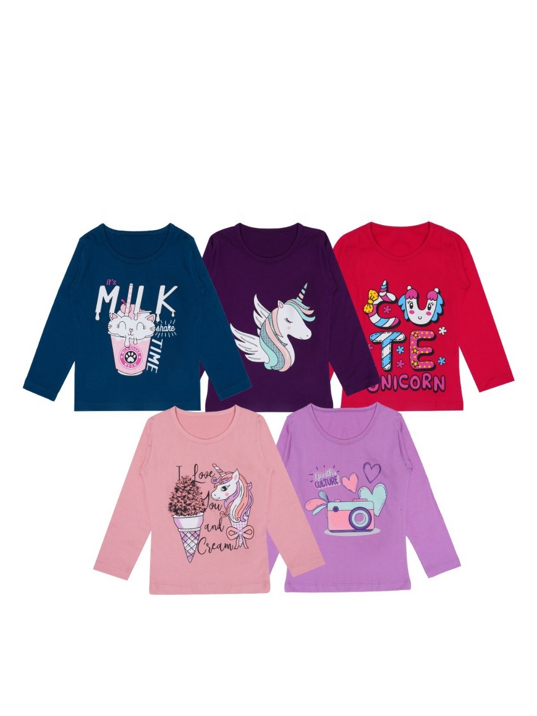 

FAZZA Girls Pack Of 5 Graphic Printed Round Neck Cotton T-shirts, Teal