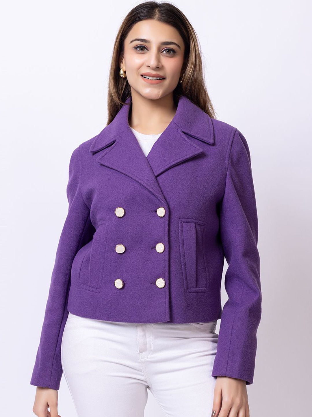 

Club York Women Notched Lapel Collar Double-Breasted Overcoat, Purple