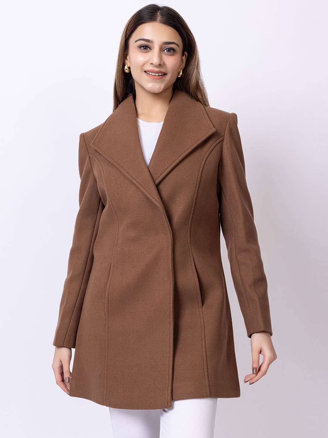 

Club York Women Notched Lapel Collar Single-Breasted Overcoat, Brown