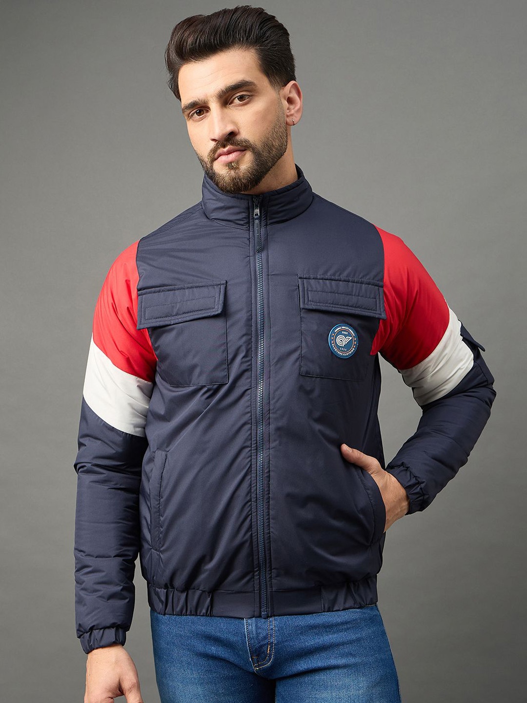 

Global Republic Men Colourblocked Lightweight Bomber Jacket, Navy blue