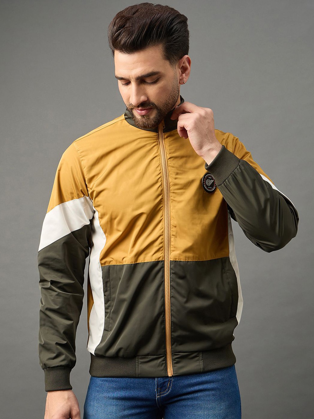 

Club York Men Colourblocked Mock Collar Lightweight Bomber Jacket, Mustard