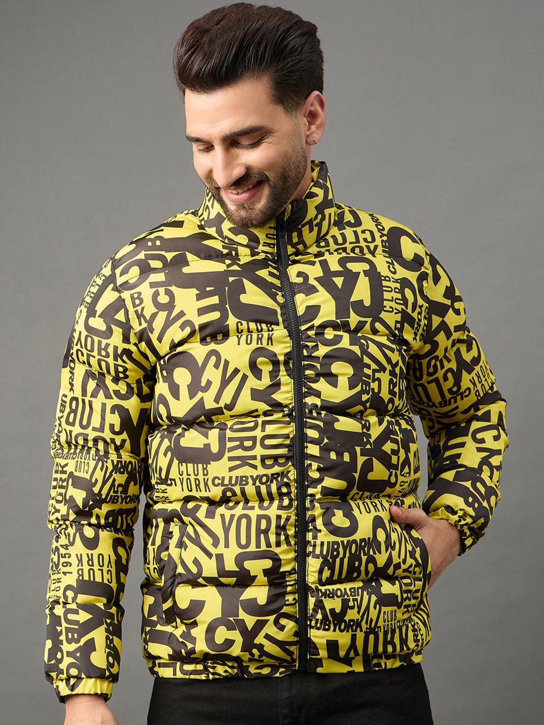 

Club York Men Typography Printed Mock Collar Lightweight Puffer Jacket, Yellow