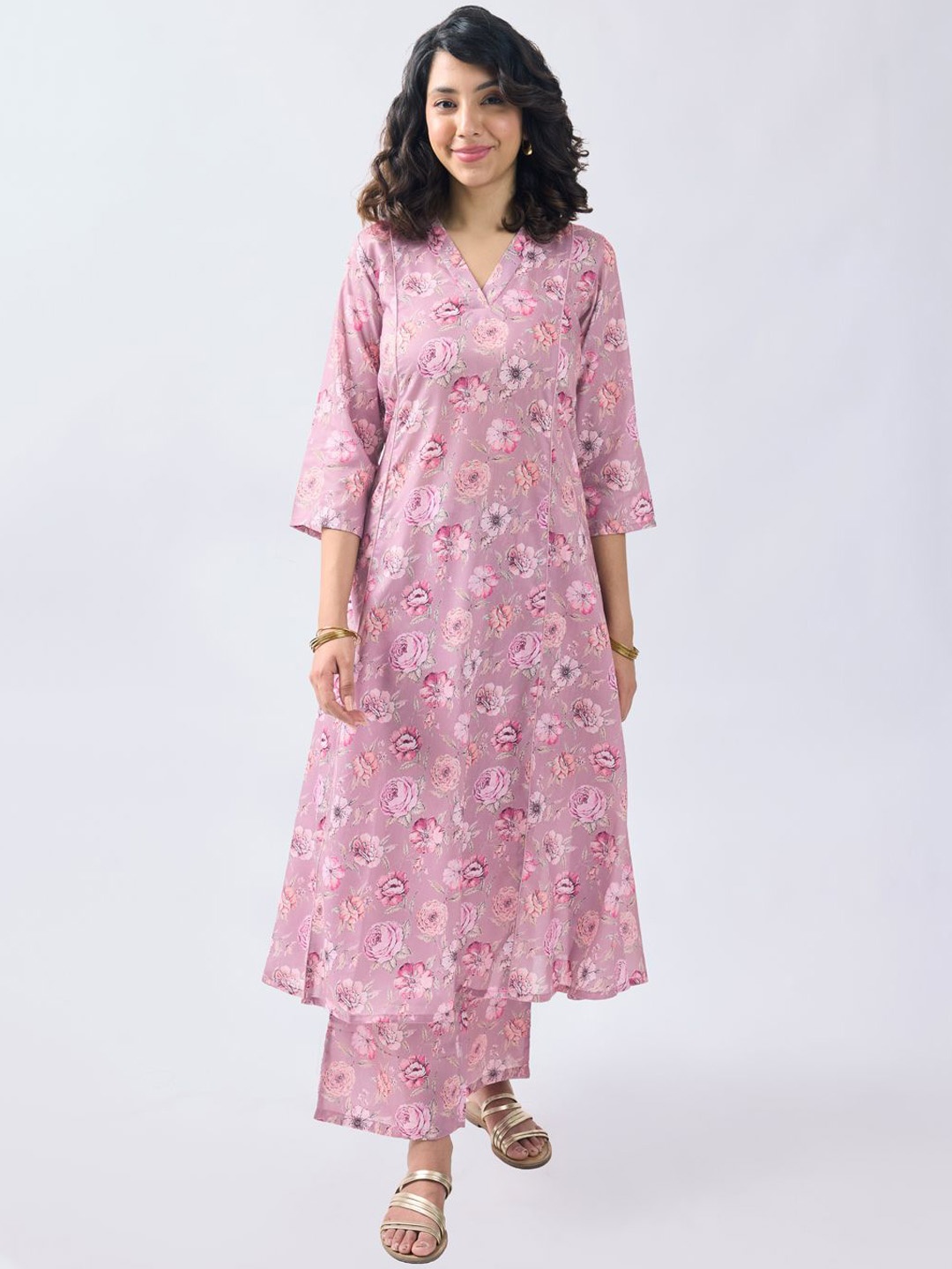 TOOCHKI Floral Printed V-Neck Top With Palazzos, Pink