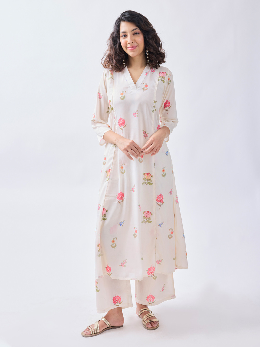 

KALINI Floral Printed V-Neck A-Line Kurta With Palazzos, White