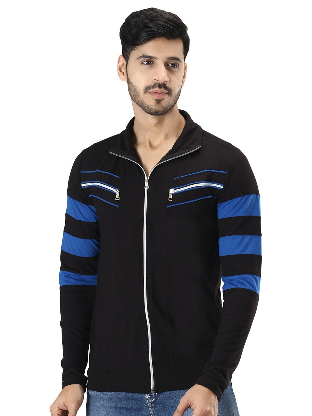

Black Collection Men Colourblocked Mock Collar Cotton Sweatshirt