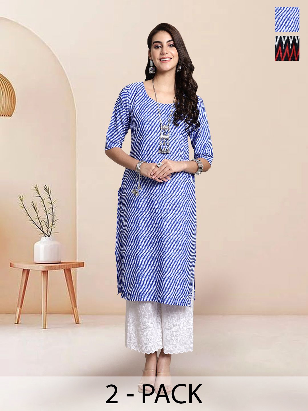 

7Threads Selection Of 2 Striped Round Neck Straight Kurtas, Blue