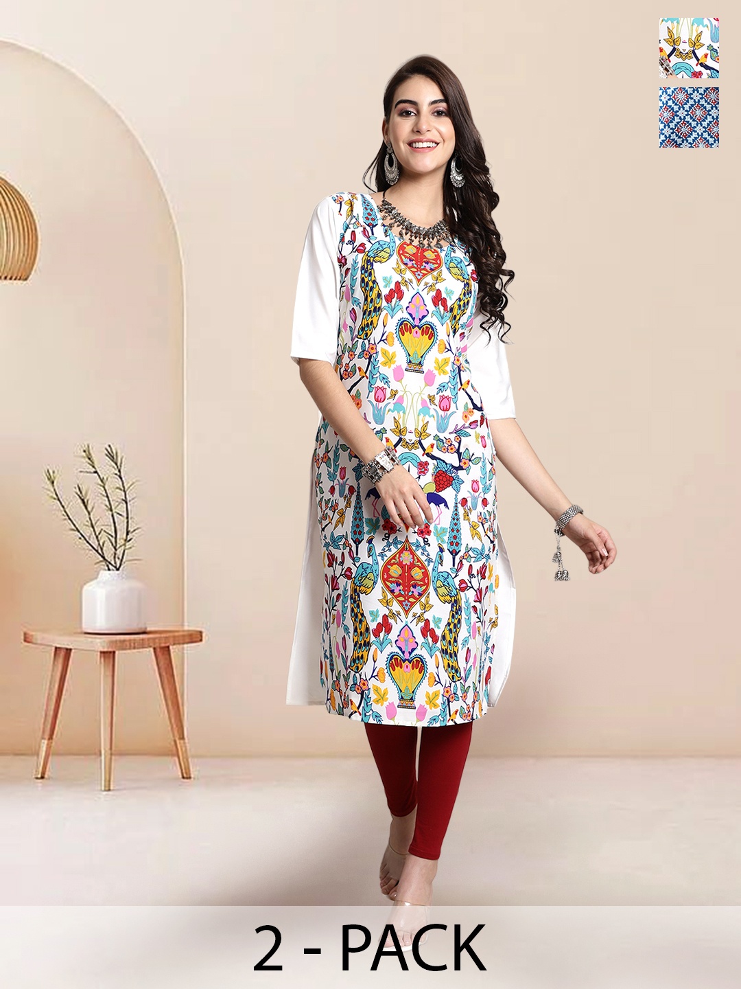

7Threads Selection Of 2 Ethnic Motifs Printed Round Neck Straight Kurta, Blue