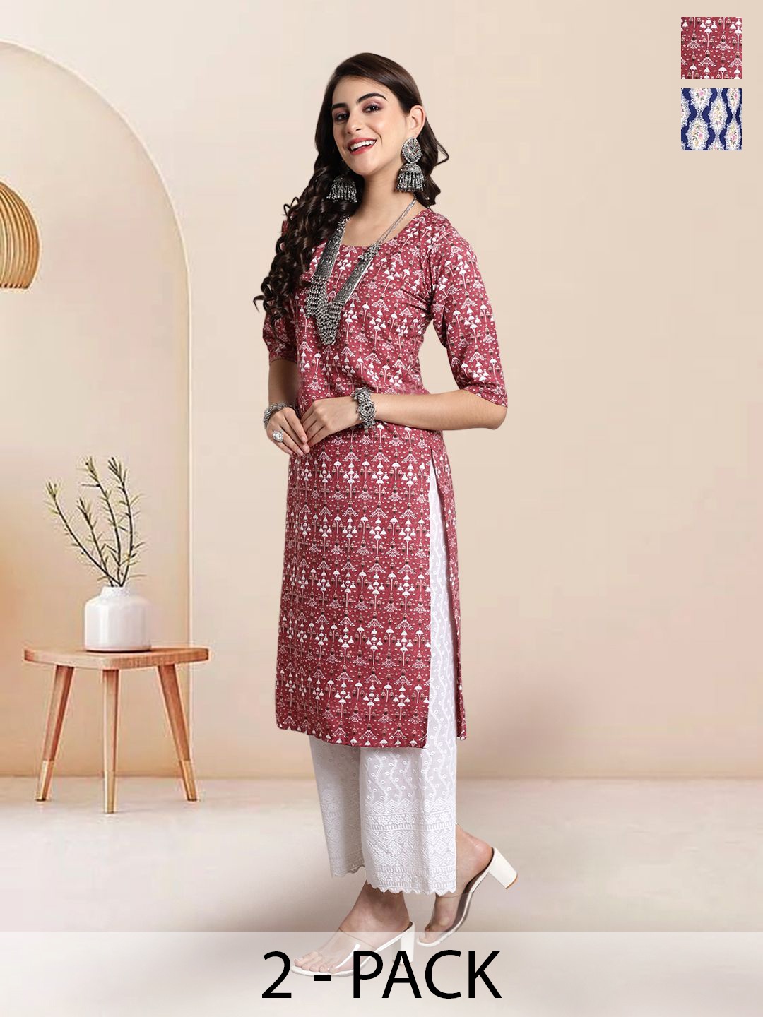 

7Threads Selection Of 2 Floral Printed Round Neck Kurtas, Blue